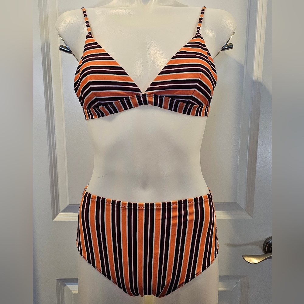 Daze Dayz SUNSET Orange Striped BIKINI SET Bralette High Waisted Bottom Medium